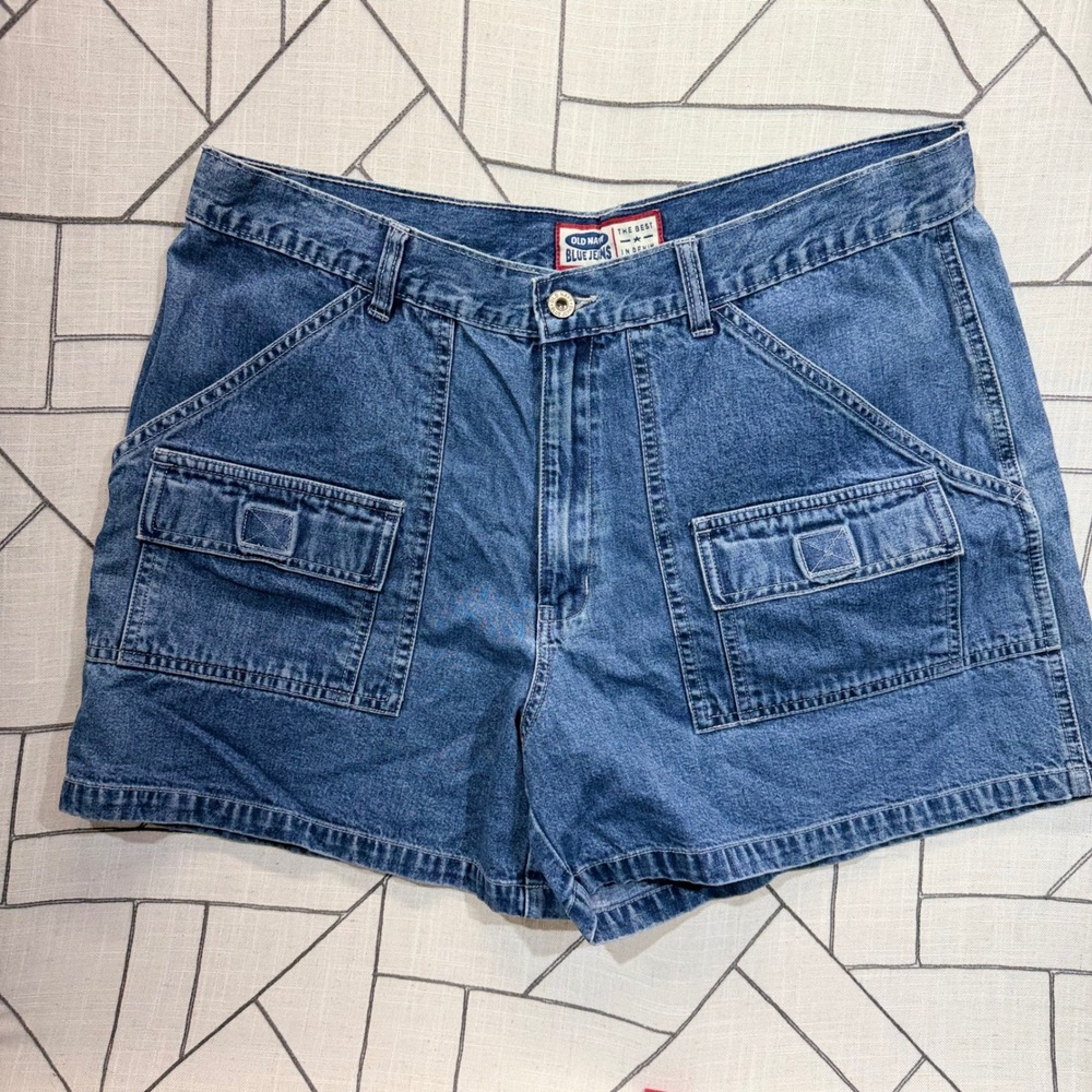 Old Navy Cargo Denim Shorts 34 Blue Vintage Y2K Utility High Rise Medium Wash